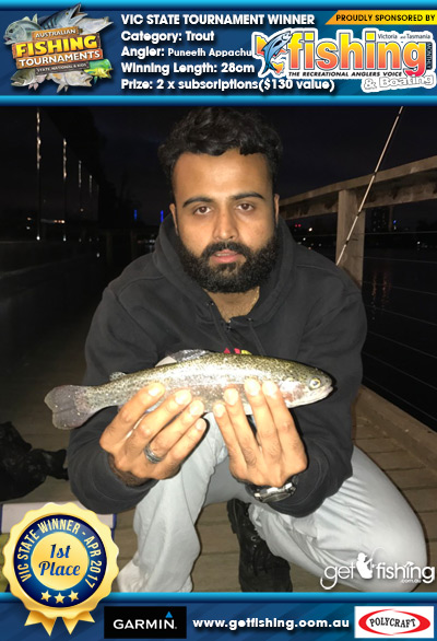 Trout 28cm Puneeth Appachu VIC Fishing Monthly 2 x subscriptions($130 value)