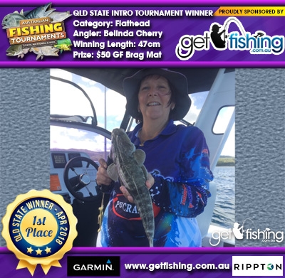 Flathead 47cm Belinda Cherry Get Fishing $50 GF Brag Mat